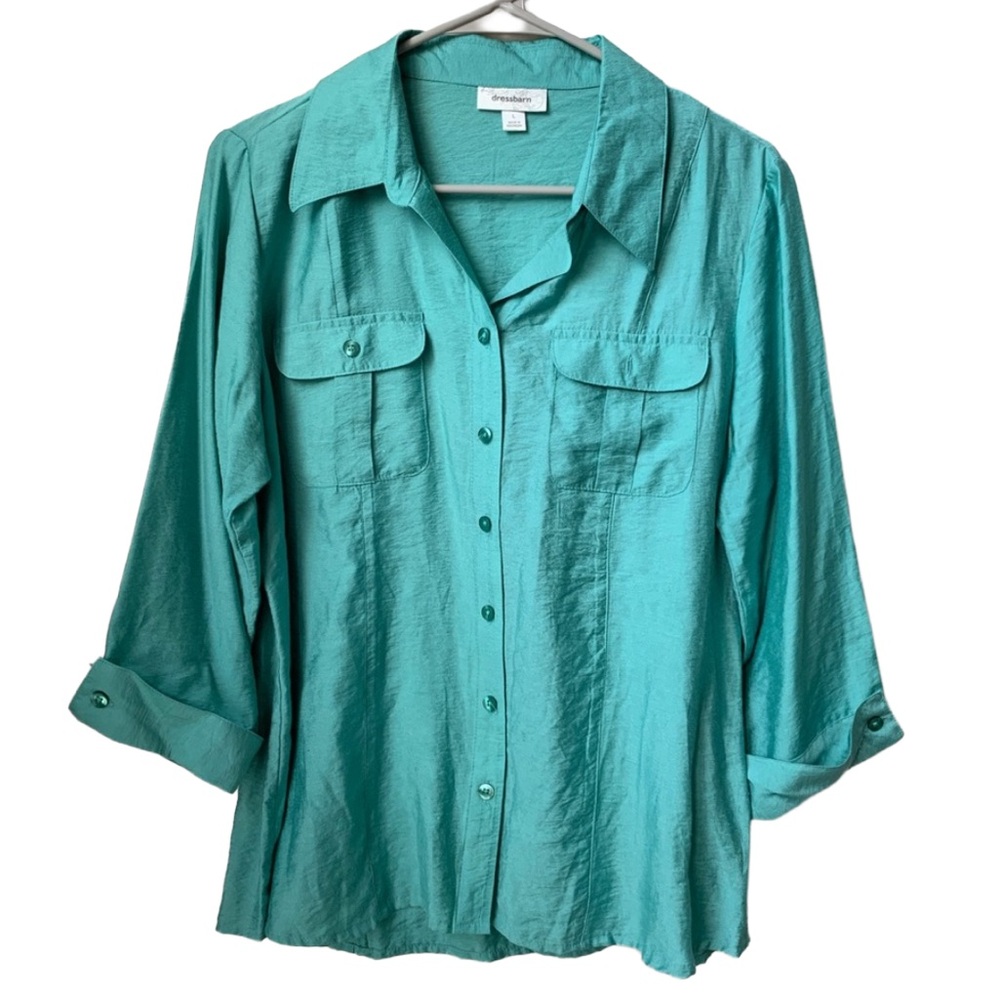 DRESS BARN Women’s Green 3/4 Sleeve Rayon Nylon Button-down Shirt